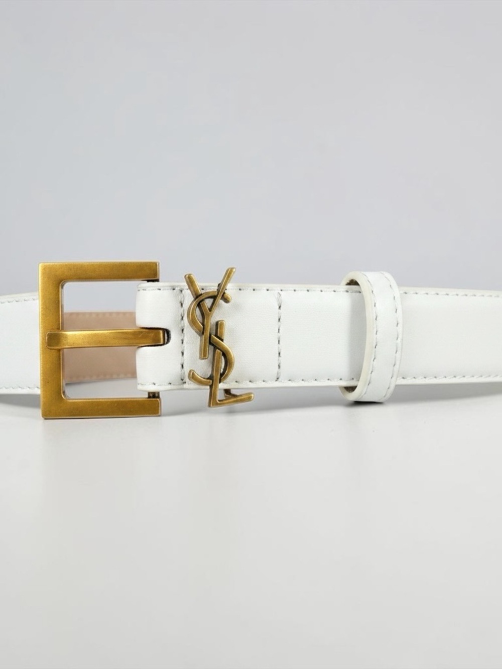 White Leather Belt with Gold YSL Buckle